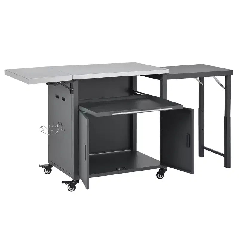 Chariot de préparation pour barbecue extérieur pliable noir/gris, 2 portes, pour 1 personne