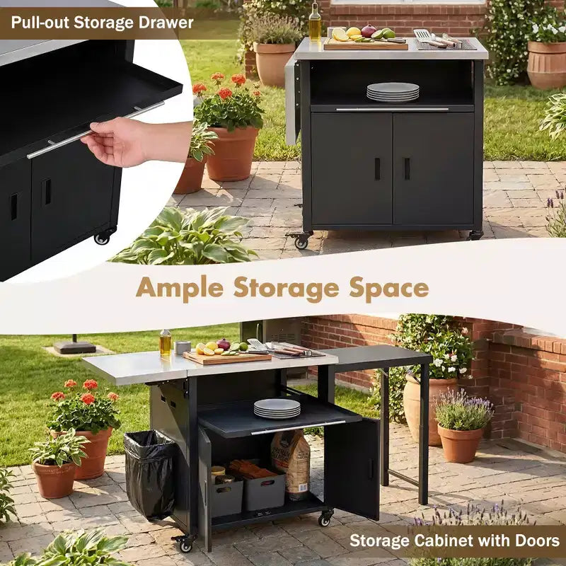 Chariot de préparation pour barbecue extérieur pliable noir/gris, 2 portes, pour 1 personne