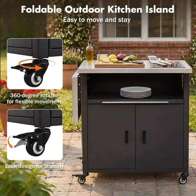 Chariot de préparation pour barbecue extérieur pliable noir/gris, 2 portes, pour 1 personne