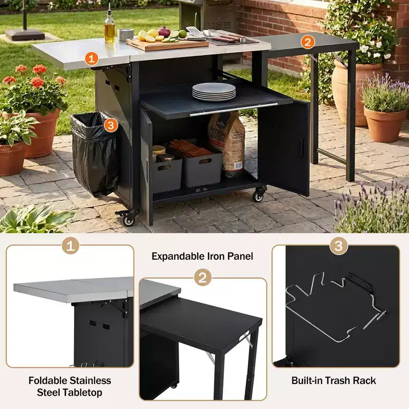 Chariot de préparation pour barbecue extérieur pliable noir/gris, 2 portes, pour 1 personne
