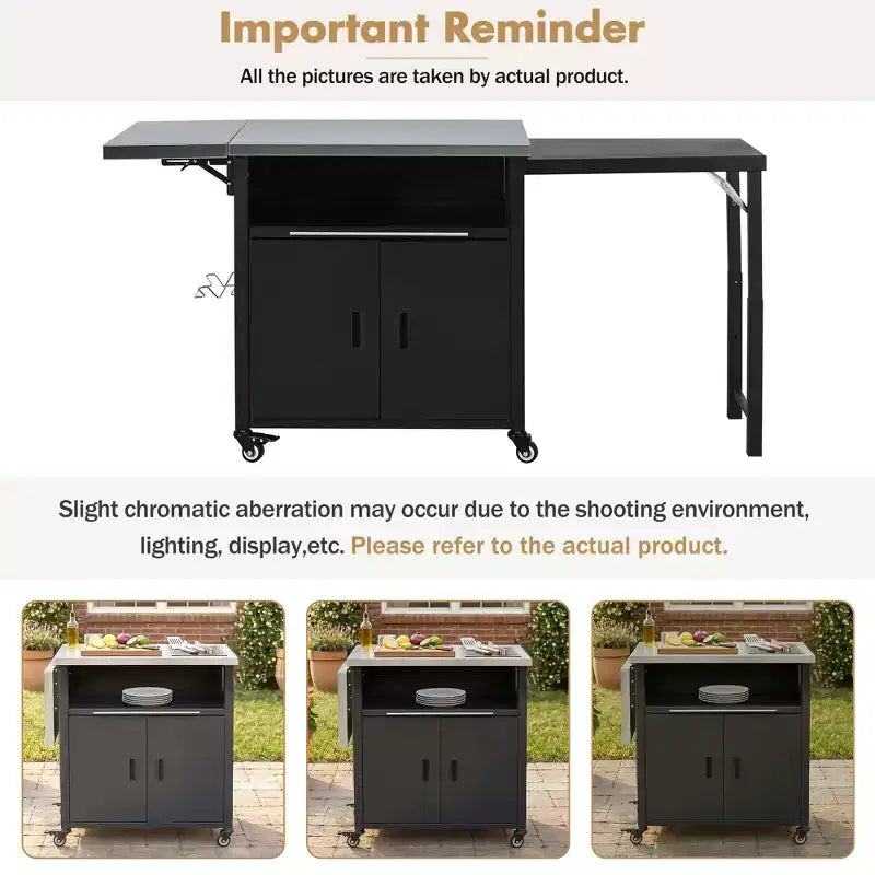 Chariot de préparation pour barbecue extérieur pliable noir/gris, 2 portes, pour 1 personne
