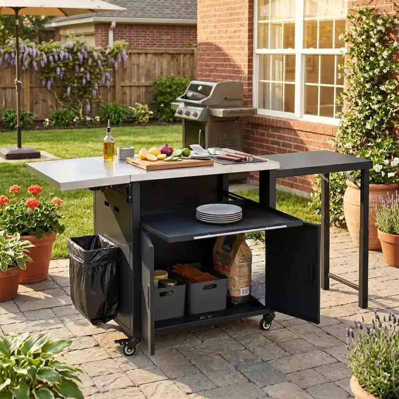 Chariot de préparation pour barbecue extérieur pliable noir/gris, 2 portes, pour 1 personne