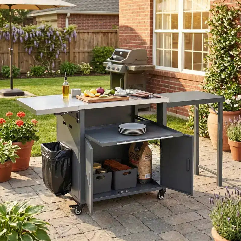 Chariot de préparation pour barbecue extérieur pliable noir/gris, 2 portes, pour 1 personne