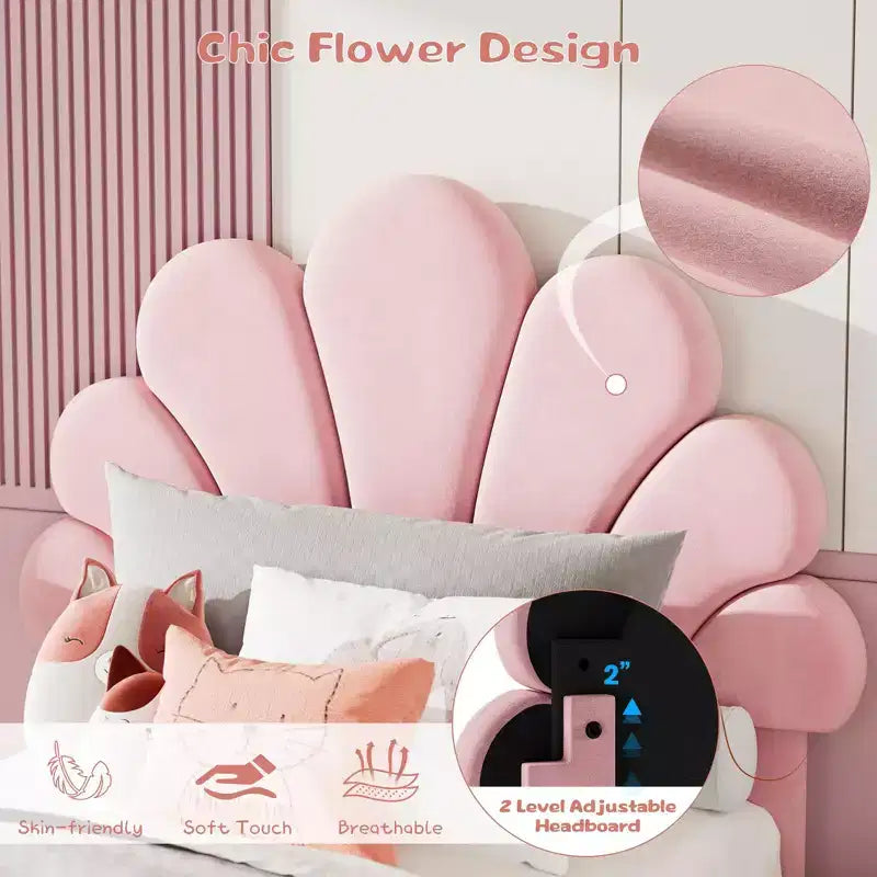 Lit plateforme à tête de lit pétale bleu/rose/blanc avec tiroirs de rangement – Jumeau, 1 personne