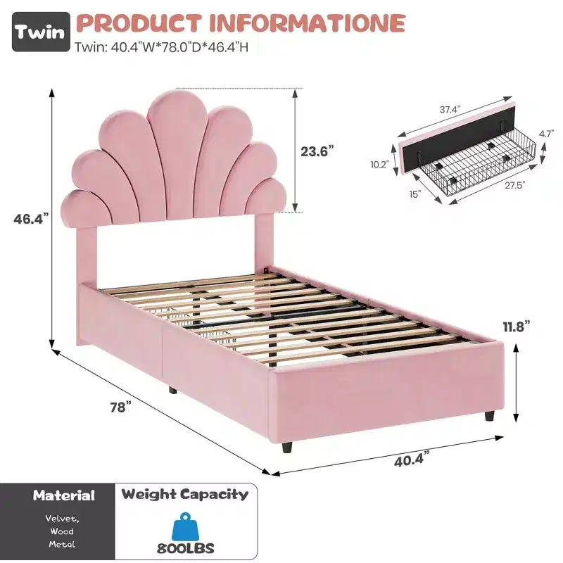 Lit plateforme à tête de lit pétale bleu/rose/blanc avec tiroirs de rangement – Jumeau, 1 personne