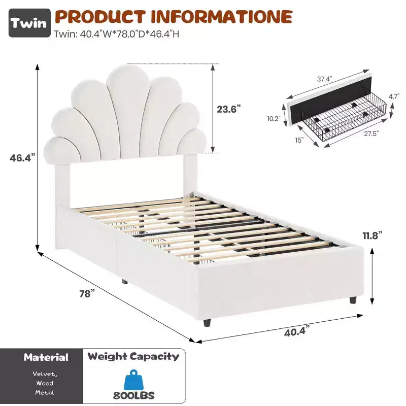 Lit plateforme à tête de lit pétale bleu/rose/blanc avec tiroirs de rangement – Jumeau, 1 personne