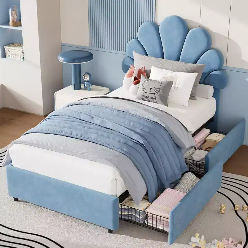 Lit plateforme à tête de lit pétale bleu/rose/blanc avec tiroirs de rangement – Jumeau, 1 personne