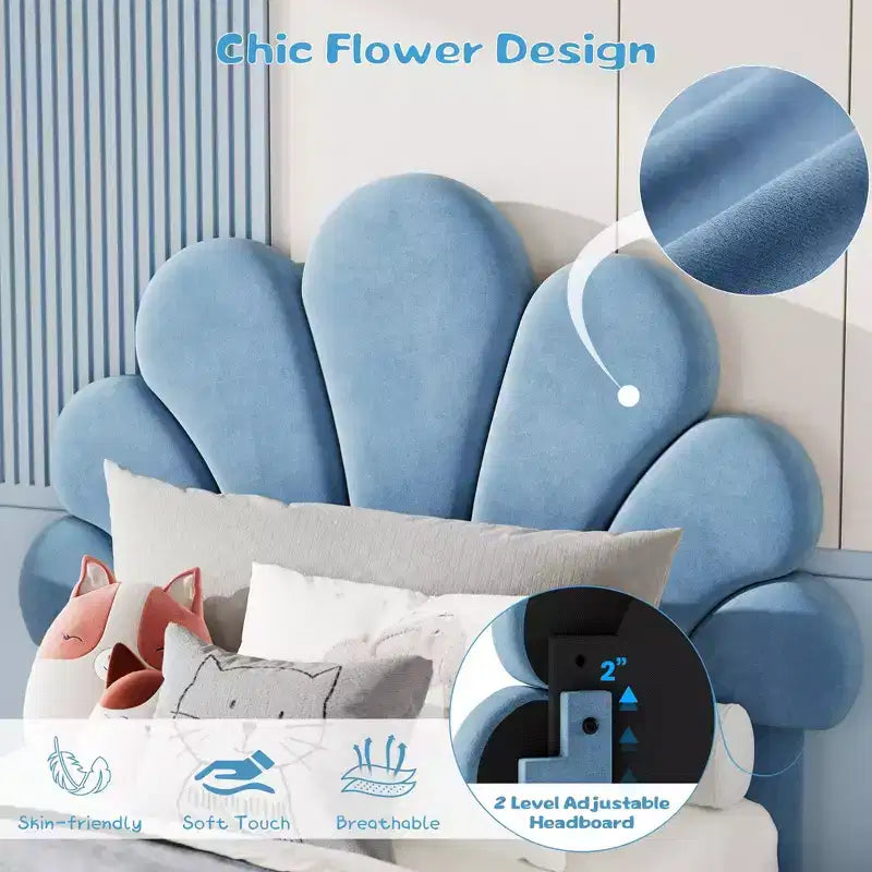 Lit plateforme à tête de lit pétale bleu/rose/blanc avec tiroirs de rangement – Jumeau, 1 personne