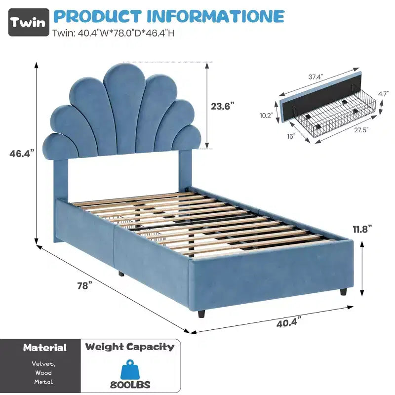 Lit plateforme à tête de lit pétale bleu/rose/blanc avec tiroirs de rangement – Jumeau, 1 personne