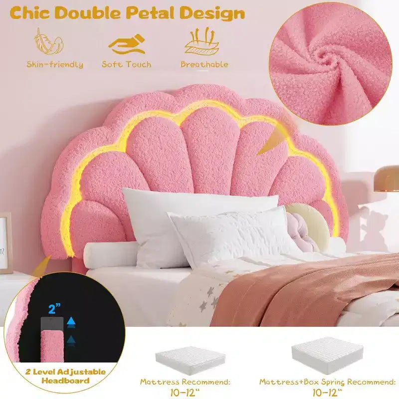 Lit plateforme capitonné LED beige/rose avec tiroir de rangement – Double et Twin XL, 1 personne