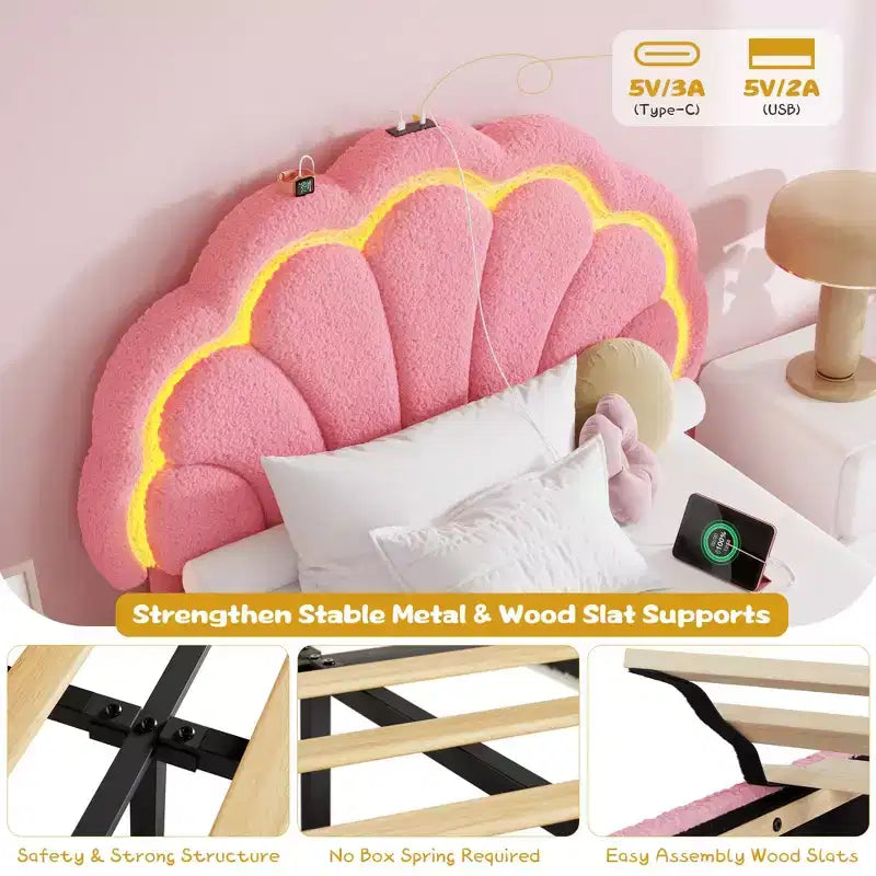 Lit plateforme capitonné LED beige/rose avec tiroir de rangement – Double et Twin XL, 1 personne
