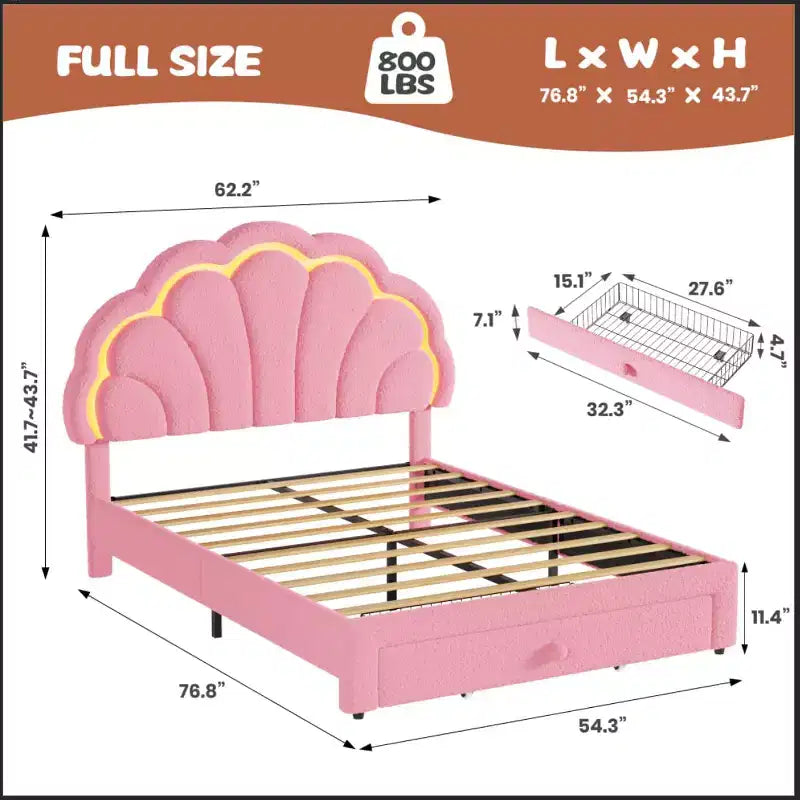Lit plateforme capitonné LED beige/rose avec tiroir de rangement – Double et Twin XL, 1 personne