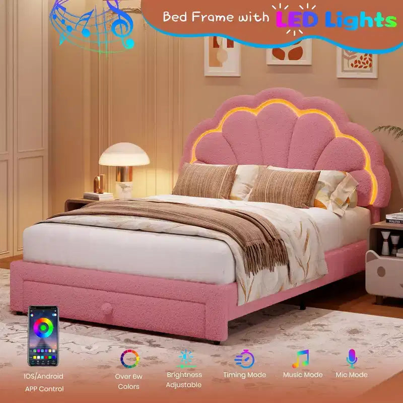 Lit plateforme capitonné LED beige/rose avec tiroir de rangement – Double et Twin XL, 1 personne