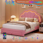 Lit plateforme capitonné LED beige/rose avec tiroir de rangement – Double et Twin XL, 1 personne