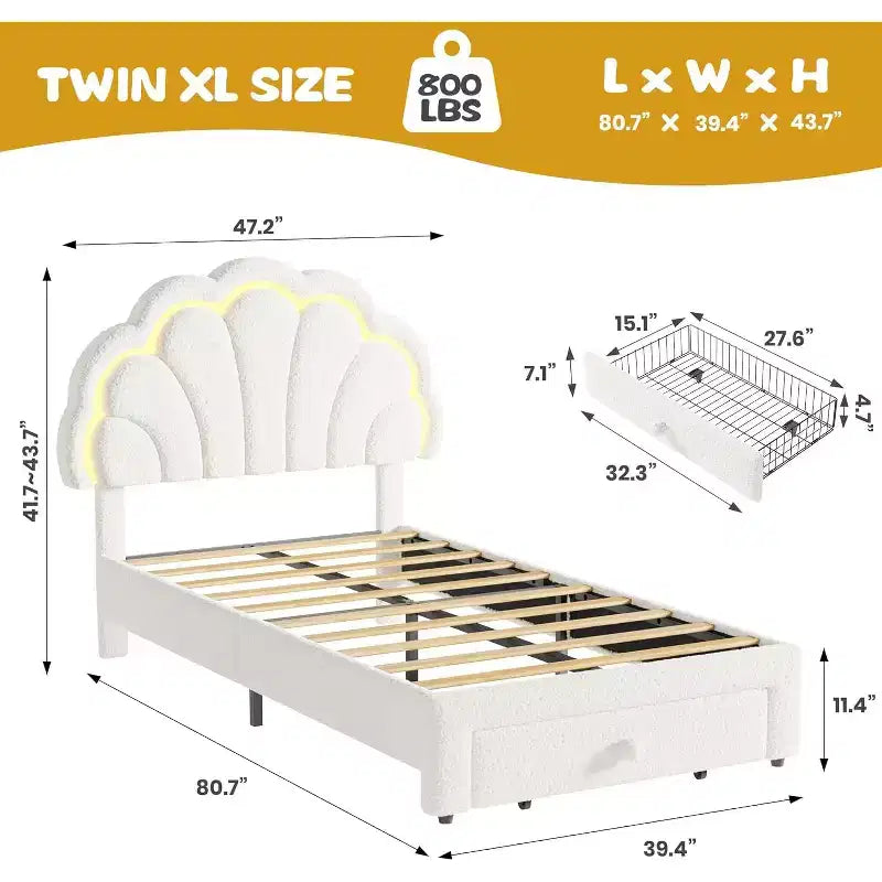 Lit plateforme capitonné LED beige/rose avec tiroir de rangement – Double et Twin XL, 1 personne