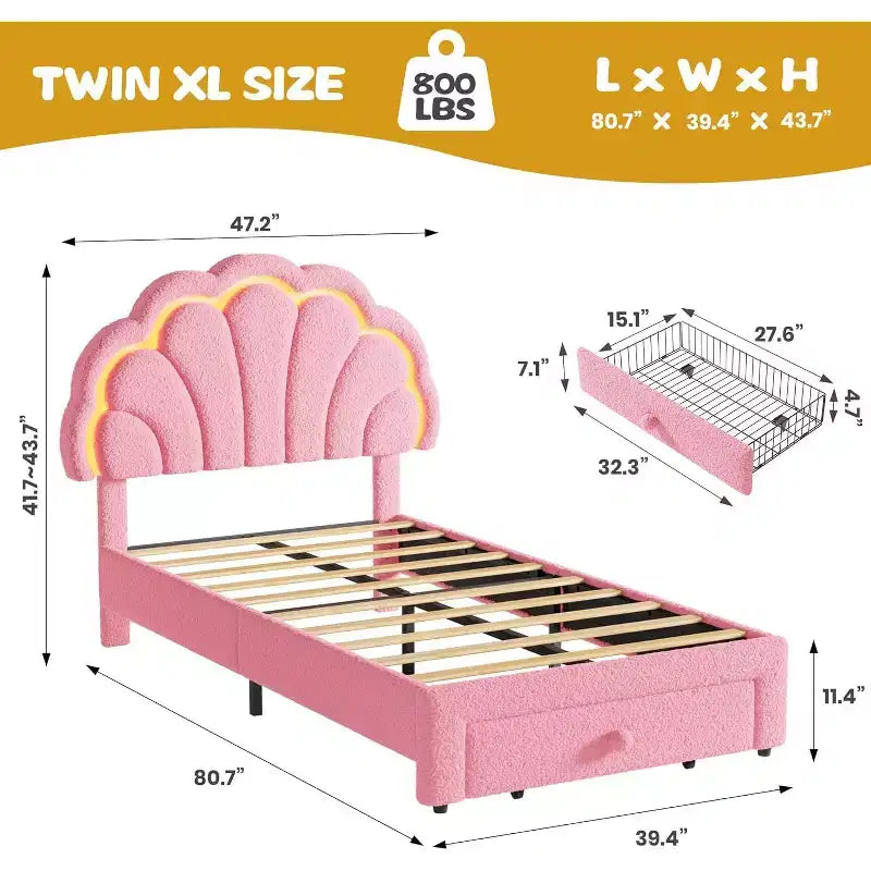 Lit plateforme capitonné LED beige/rose avec tiroir de rangement – Double et Twin XL, 1 personne