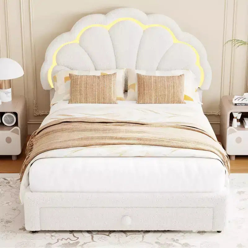 Lit plateforme capitonné LED beige/rose avec tiroir de rangement – Double et Twin XL, 1 personne