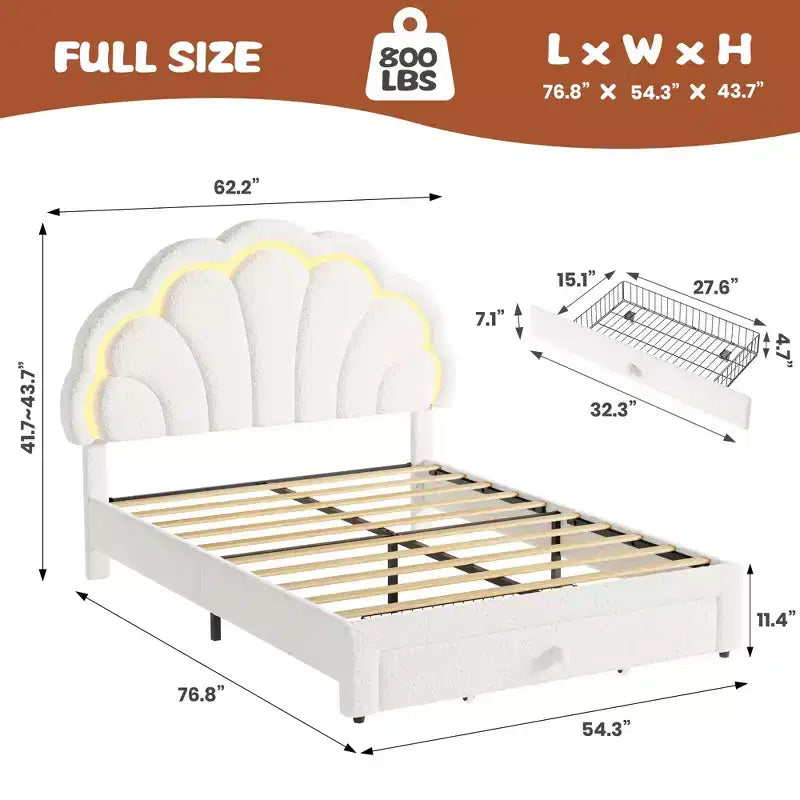 Lit plateforme capitonné LED beige/rose avec tiroir de rangement – Double et Twin XL, 1 personne