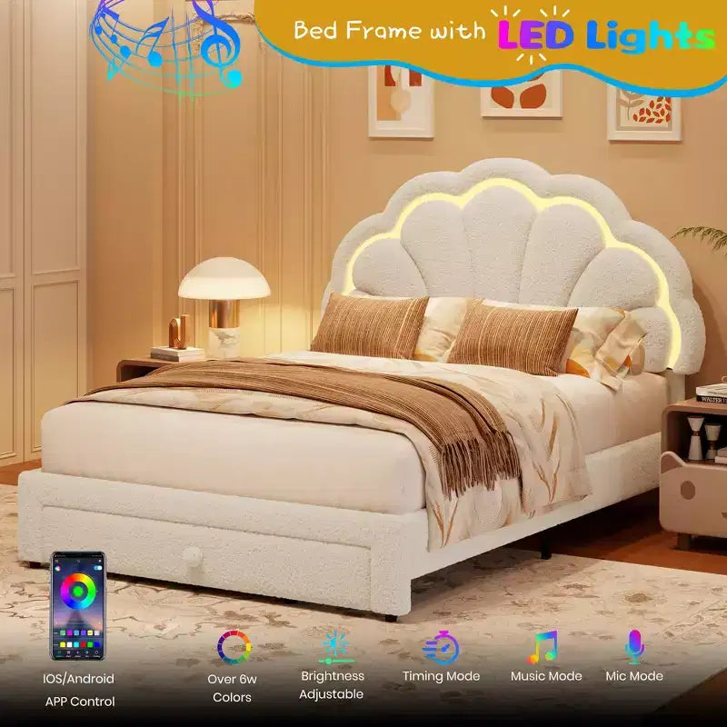 Lit plateforme capitonné LED beige/rose avec tiroir de rangement – Double et Twin XL, 1 personne