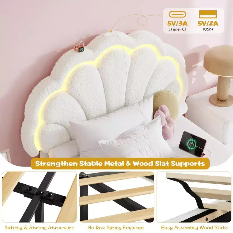 Lit plateforme capitonné LED beige/rose avec tiroir de rangement – Double et Twin XL, 1 personne