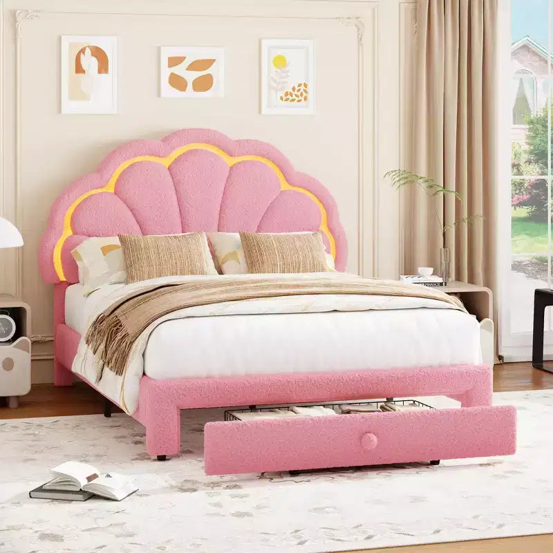 Lit plateforme capitonné LED beige/rose avec tiroir de rangement – Double et Twin XL, 1 personne