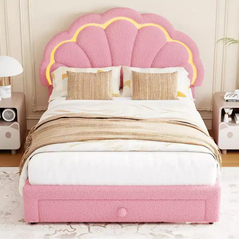 Lit plateforme capitonné LED beige/rose avec tiroir de rangement – Double et Twin XL, 1 personne