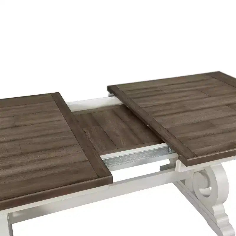 Table à manger extensible rectangulaire Off-White et chêne français, 8 places