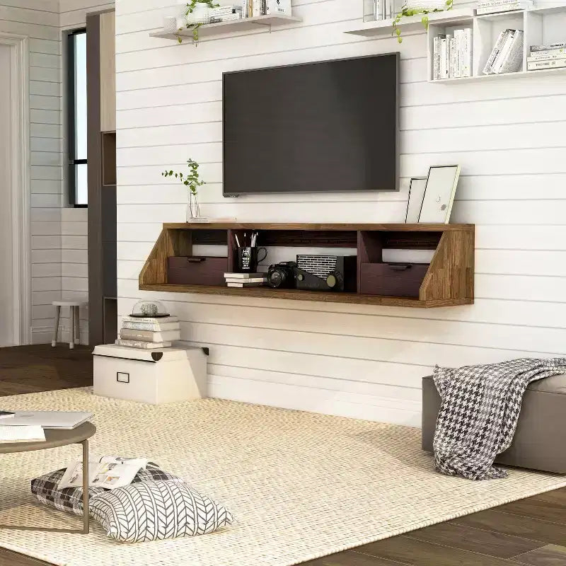 Meuble TV flottant en hickory clair pour téléviseurs jusqu'à 70" – Fini naturel, fixation murale, assemblage par 1 personne
