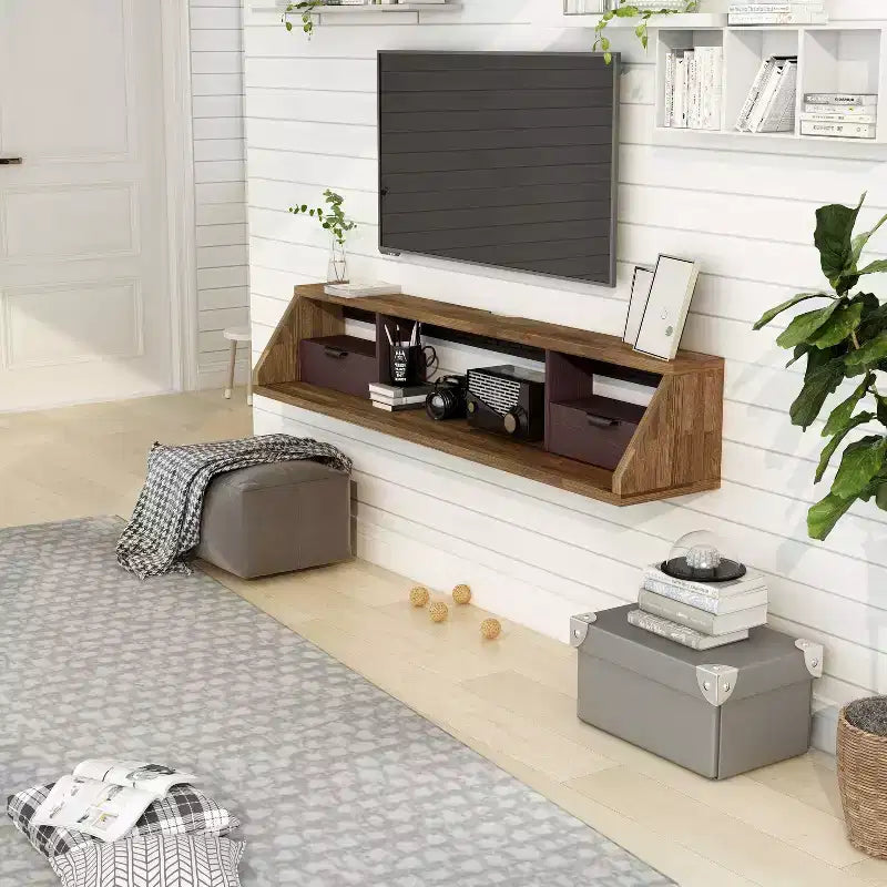 Meuble TV flottant en hickory clair pour téléviseurs jusqu'à 70" – Fini naturel, fixation murale, assemblage par 1 personne
