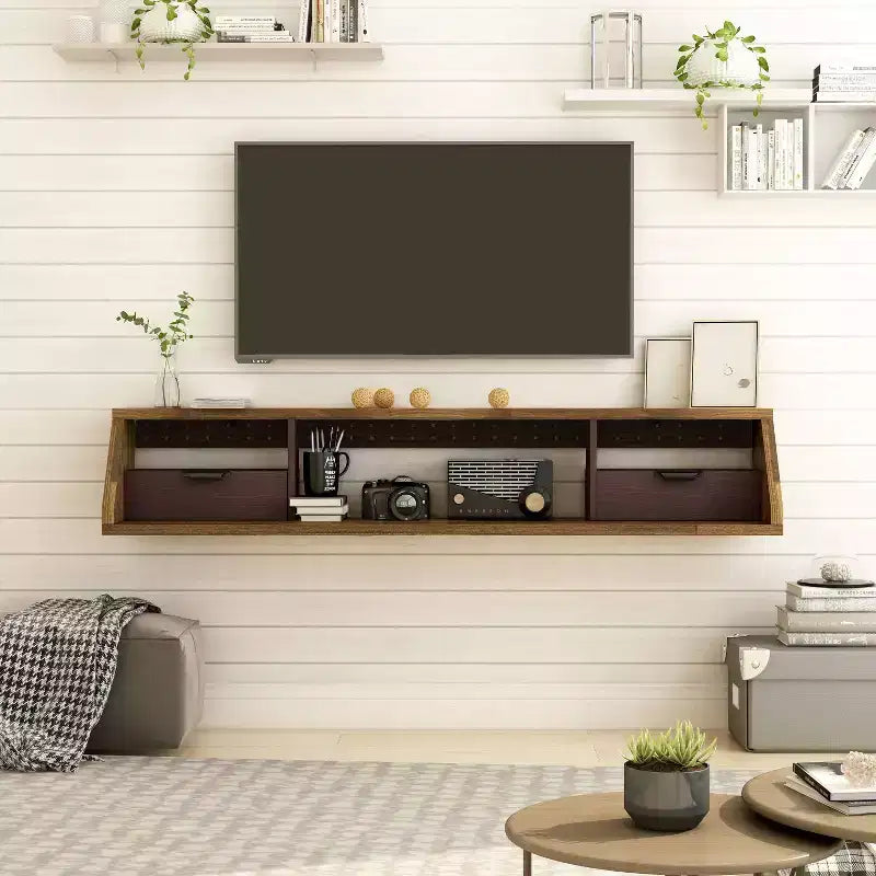 Meuble TV flottant en hickory clair pour téléviseurs jusqu'à 70" – Fini naturel, fixation murale, assemblage par 1 personne