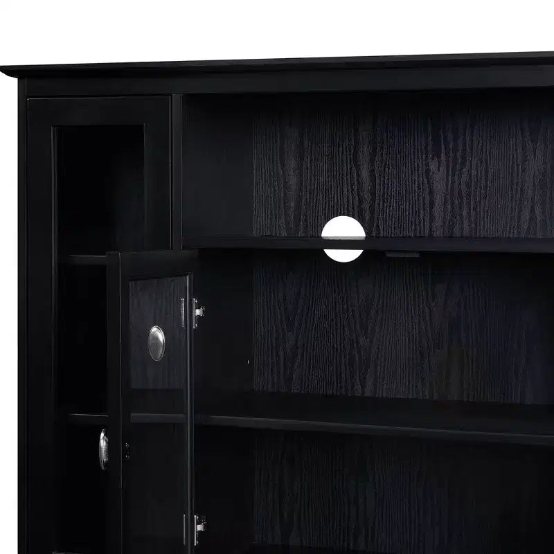 Meuble TV noir avec placards et étagères en verre, convient jusqu'à 60 po