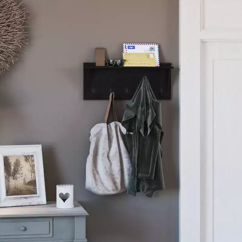 Porte-manteau mural en pin avec 5 crochets et étagère supérieure – 7 couleurs, 1 personne