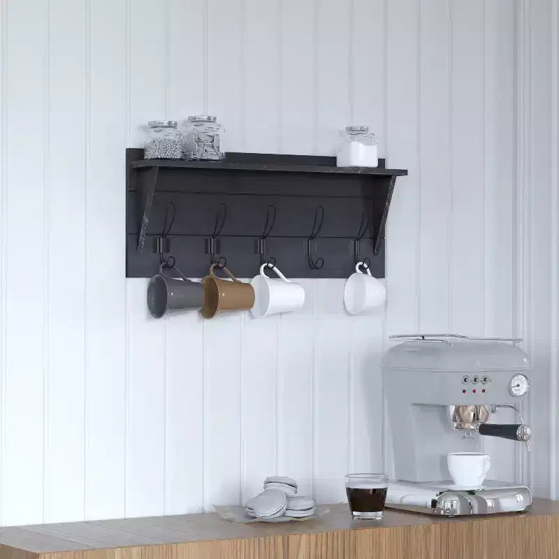Porte-manteau mural en pin avec 5 crochets et étagère supérieure – 7 couleurs, 1 personne