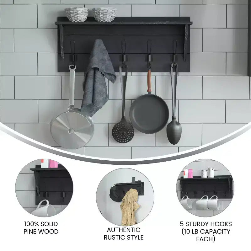Porte-manteau mural en pin avec 5 crochets et étagère supérieure – 7 couleurs, 1 personne