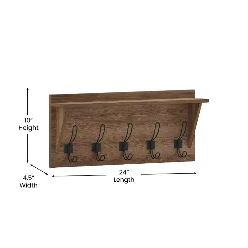 Porte-manteau mural en pin avec 5 crochets et étagère supérieure – 7 couleurs, 1 personne