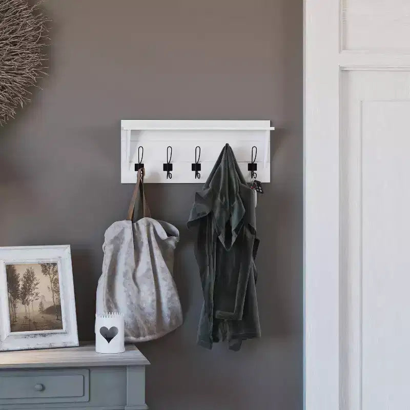 Porte-manteau mural en pin avec 5 crochets et étagère supérieure – 7 couleurs, 1 personne