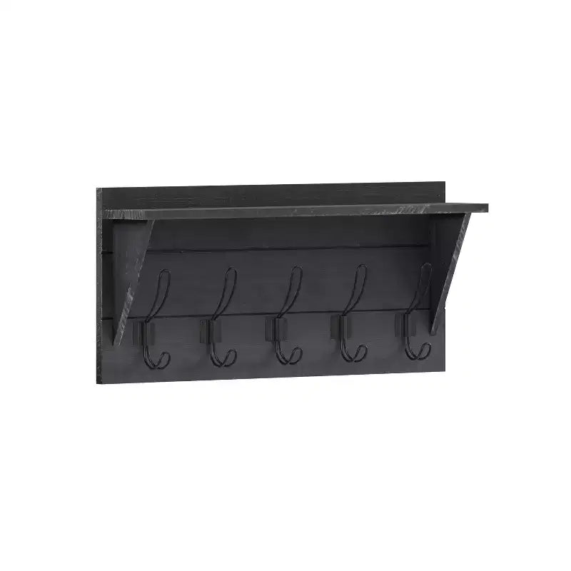 Merrick Lane Pine Wood 24 Inch Wall Mount Storage Rack with 5 Hanging Hooks and Upper Display Shelf