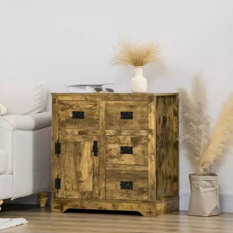Buffet Rustique Marron avec 4 Tiroirs et 1 Porte, Montage par 1 Personne
