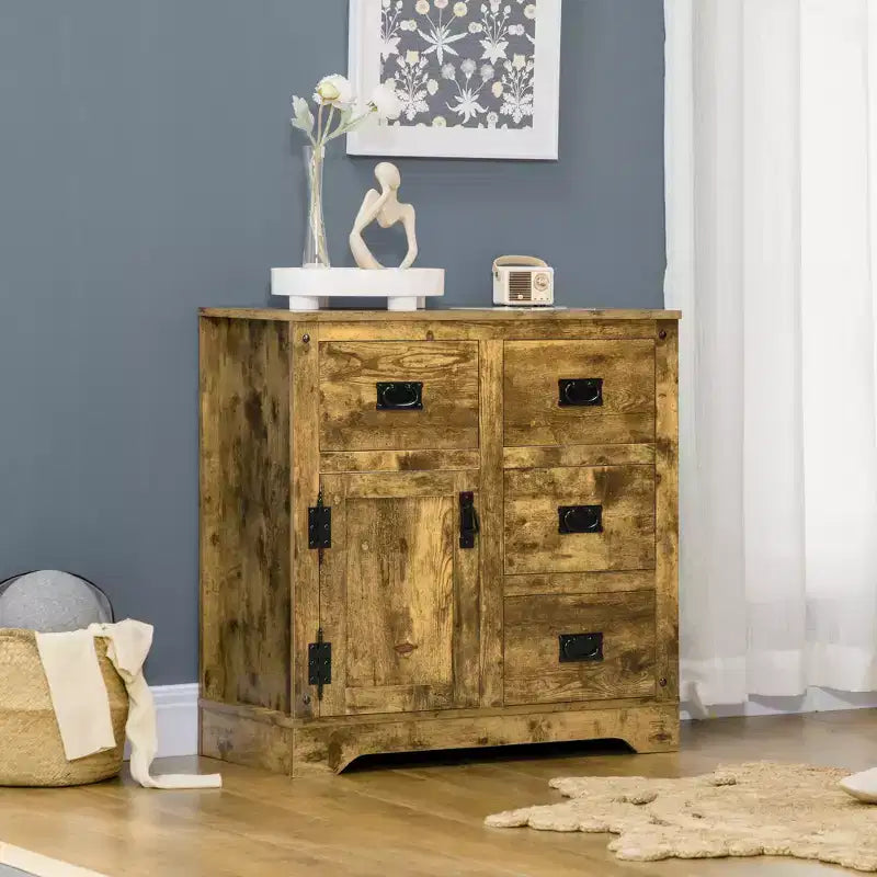Buffet Rustique Marron avec 4 Tiroirs et 1 Porte, Montage par 1 Personne