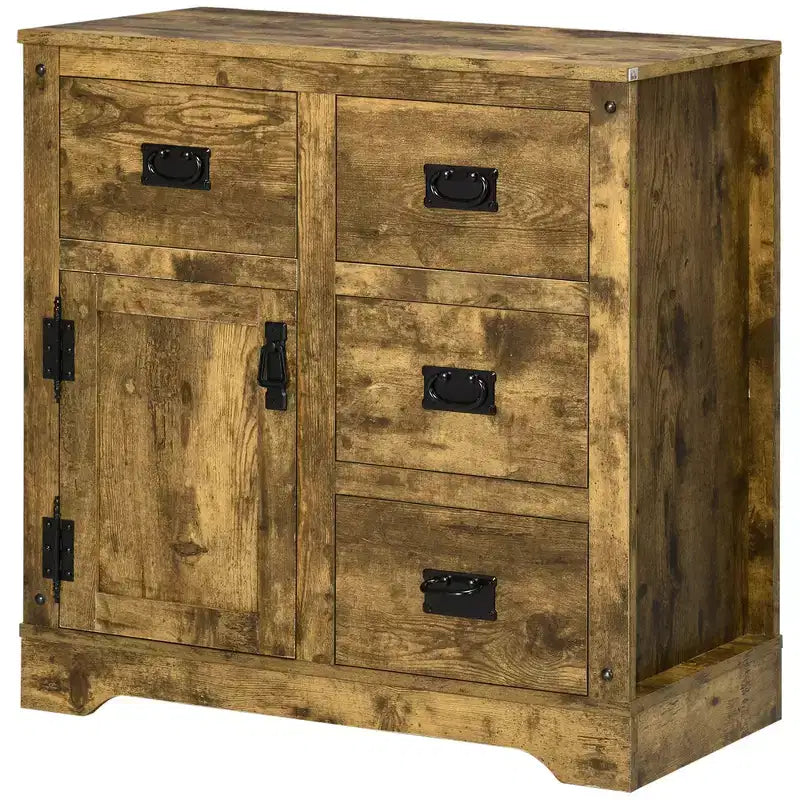 Buffet Rustique Marron avec 4 Tiroirs et 1 Porte, Montage par 1 Personne