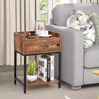 Tables de chevet industrielles marron et noires avec station de charge, lot de 2