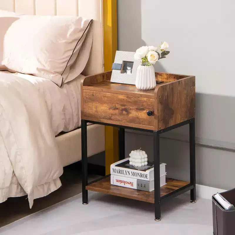 Tables de chevet industrielles marron et noires avec station de charge, lot de 2