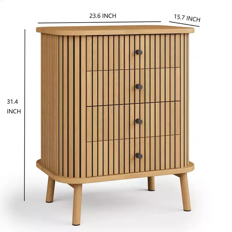 Commode haute 4 tiroirs cannelés naturels – Style bohème, pour 1 personne