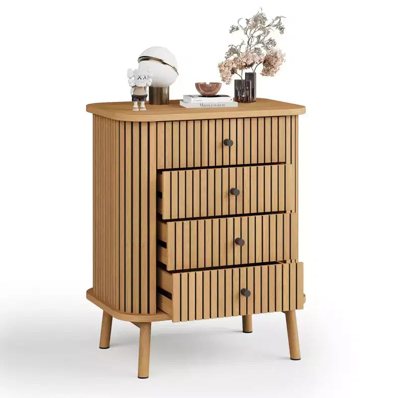 Commode haute 4 tiroirs cannelés naturels – Style bohème, pour 1 personne