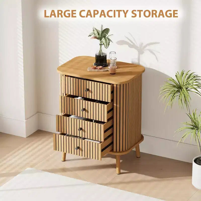 Commode haute 4 tiroirs cannelés naturels – Style bohème, pour 1 personne