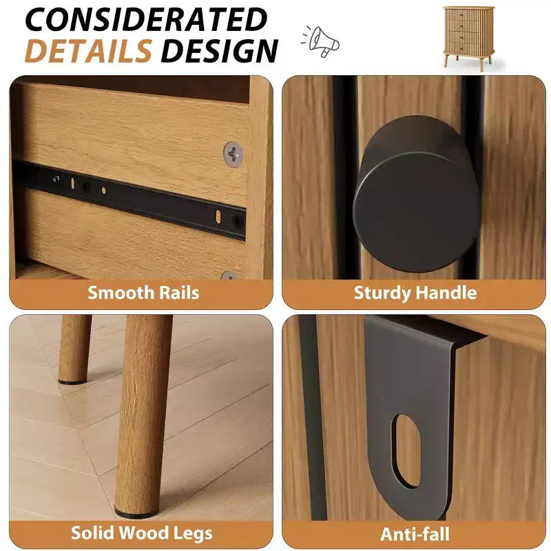 Commode haute 4 tiroirs cannelés naturels – Style bohème, pour 1 personne