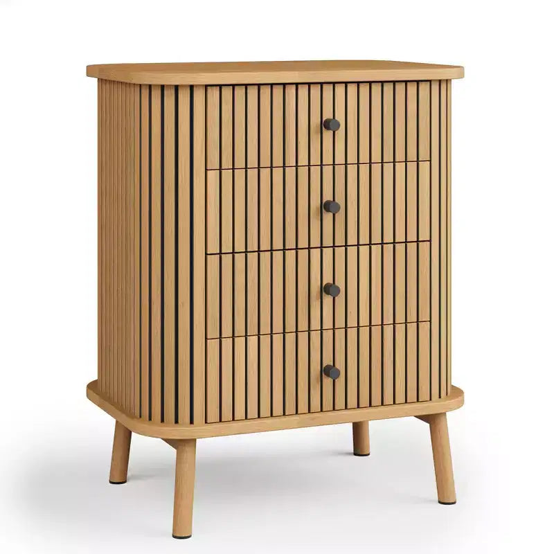 Commode haute 4 tiroirs cannelés naturels – Style bohème, pour 1 personne