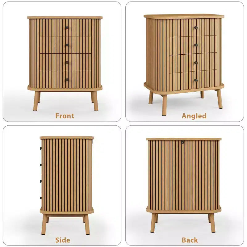 Commode haute 4 tiroirs cannelés naturels – Style bohème, pour 1 personne
