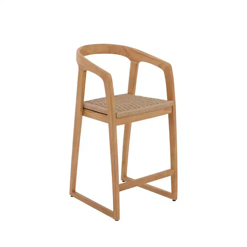 Tabouret de bar en teck naturel, rembourré beige, hauteur fixe de 76 cm, 1 place
